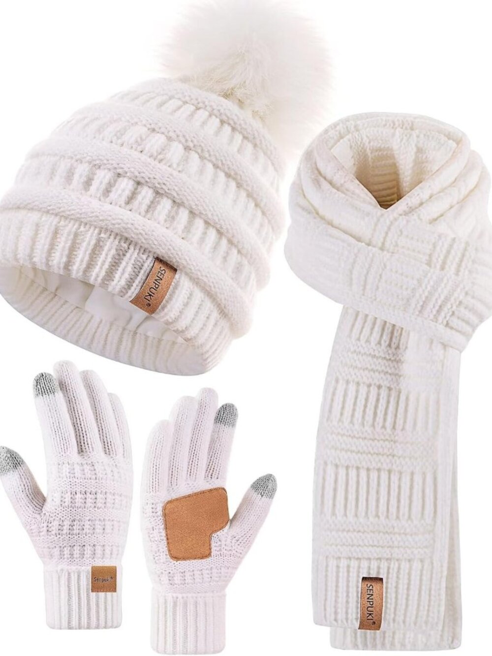 Cozy Winter Beanie Scarf Gloves Set | Fleece Lined Pom Pom Hat & Touchscreen